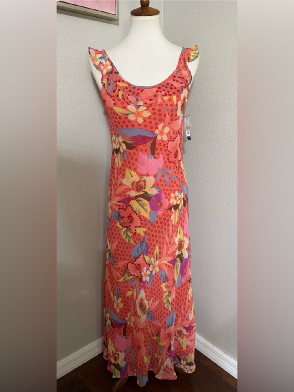 NWT Chaudry by Raga Pink Floral Maxi Dress M | Sequin Embellished, Ruffle Straps